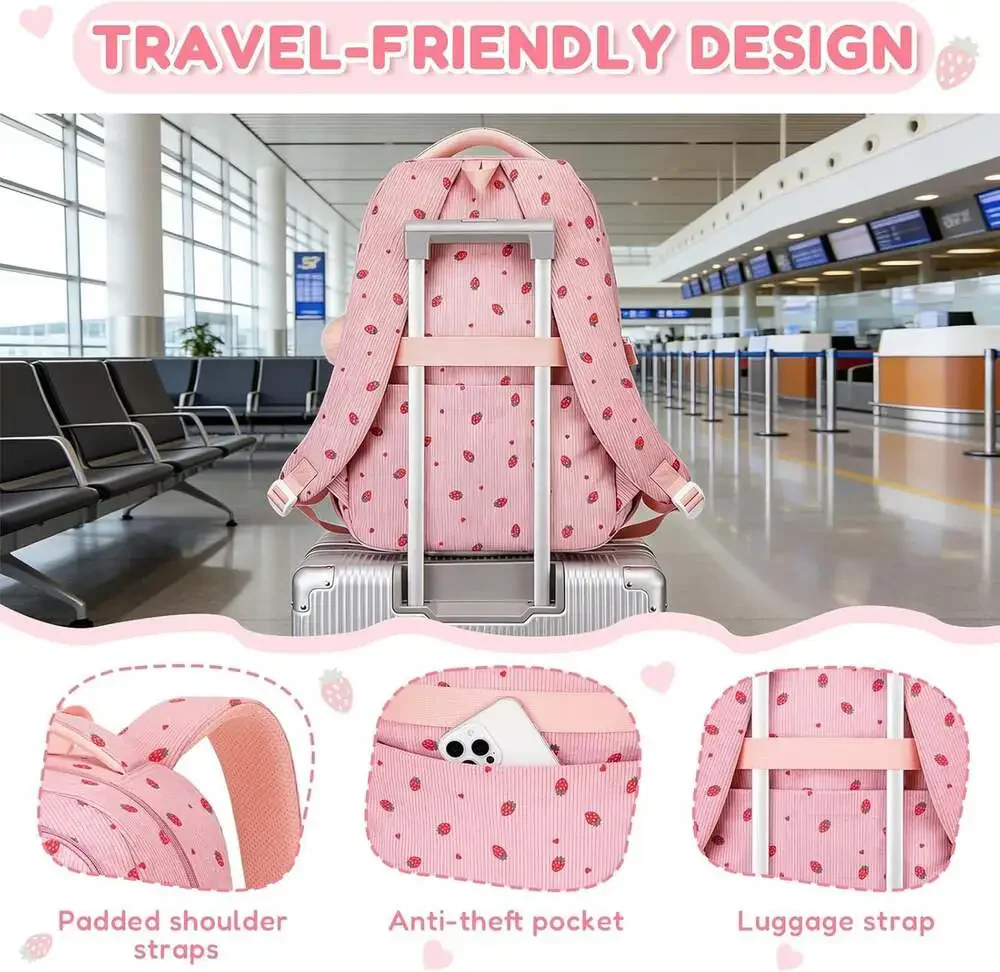 Kids Backpack for Girls Corduroy School Bag with Laptop Compartment Pink